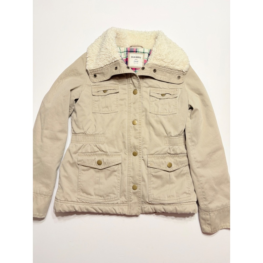 Old Navy Women Small Tan Khaki Sherpa Collar Plaid Lined Utility Field Jacket